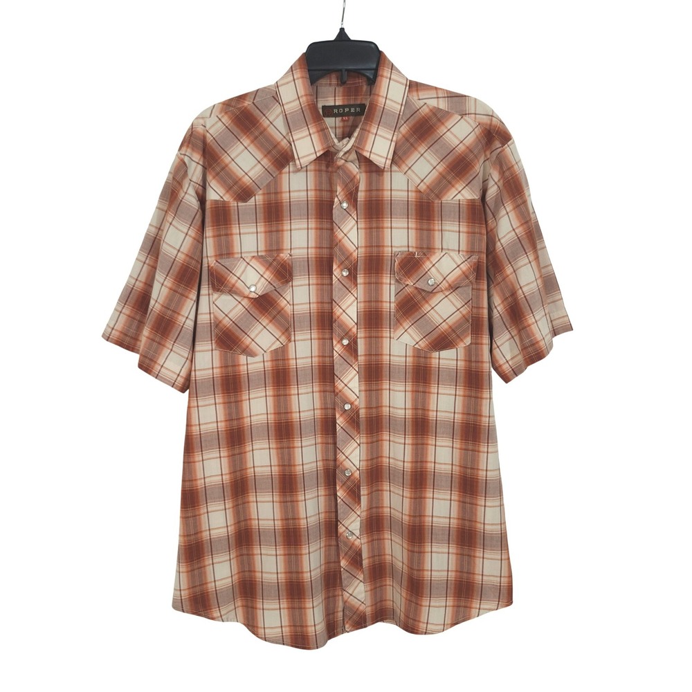 Roper Plaid Short Sleeve Pearl Snap Western Shirt Mens XL Tan Orange Lightweight